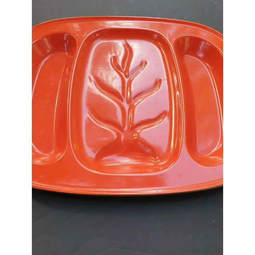 Vintage Orange Metal Enamel Meat Tray Platter Retro Decor